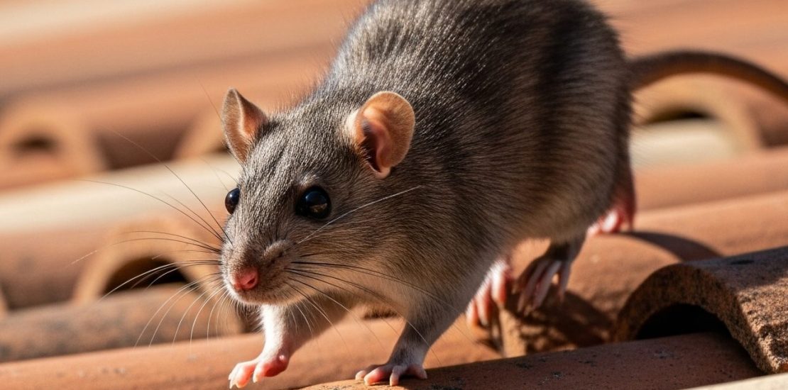 Roof rat running across a tile roof in southern California